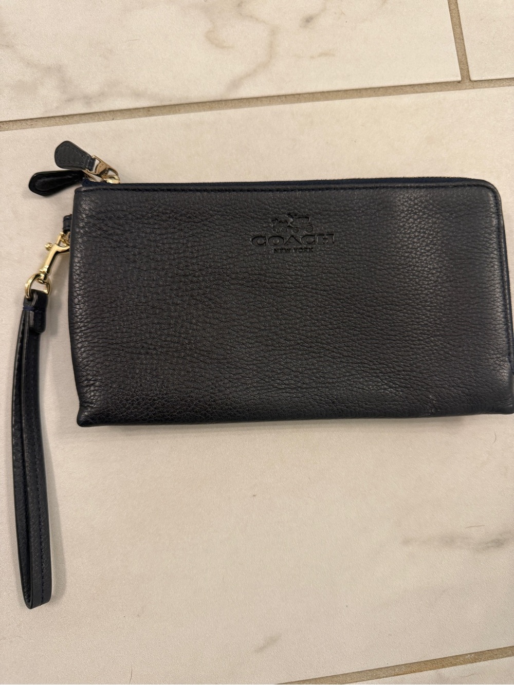 Coach Navy Pebbled Leather Wristlet with Gold Hardware